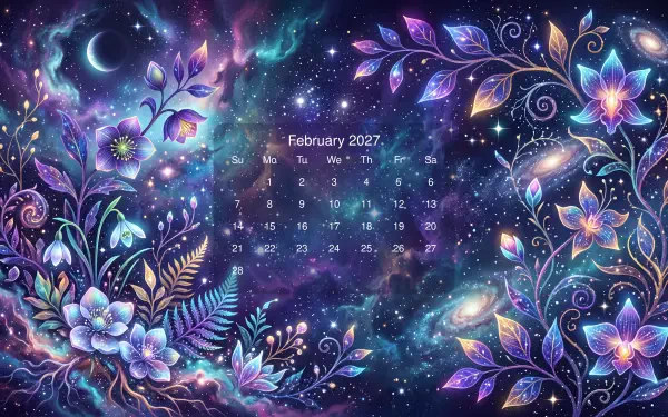 5K Ultra HD PC desktop wallpaper: abstract cosmic floral scene with purple and blue blossoms surrounding a February 2027 calendar.