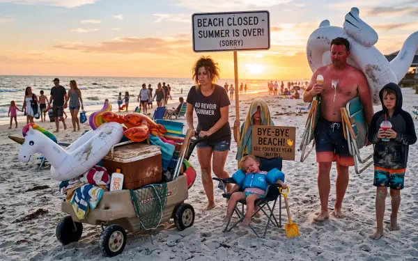 End-of-summer beach scene: family at sunset with a wagon of toys and a Beach closed — summer is over! sign. 5K Ultra HD PC desktop wallpaper background.