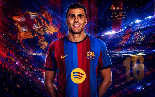 4K Ultra HD PC desktop wallpaper: an FC Barcelona soccer player in club kit standing before a vibrant, illuminated stadium with dynamic light streaks and club crest motifs.
