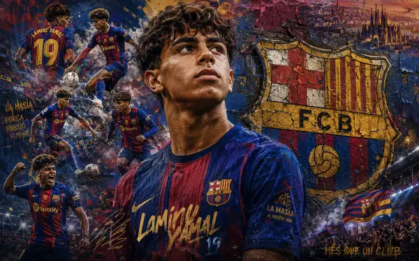 4K Ultra HD desktop wallpaper of an unidentified young FC Barcelona soccer player in club kit, dynamic collage with club crest, action shots and stadium sports backdrop