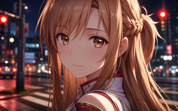 Asuna Yuuki (anime) close-up portrait at a nighttime city crosswalk, braided chestnut hair and warm amber eyes, rendered as a 4K Ultra HD PC desktop wallpaper background.