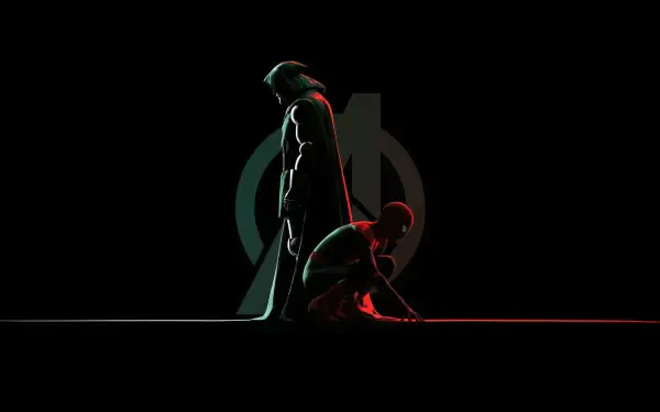 4K Ultra HD PC desktop wallpaper background: minimalist black scene with Doctor Doom standing and Spider-Man crouched, highlighted by red and teal rim lighting.