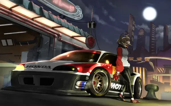4K Ultra HD PC desktop wallpaper: anime girl leaning against a Honda race car beneath a bright moon in a neon-lit city at night.