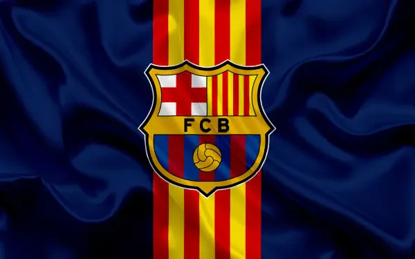 FC Barcelona crest centered on vertical red-and-yellow Catalan stripes over dark blue silk texture — 4K Ultra HD soccer logo PC desktop wallpaper.