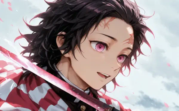 Tanjiro Kamado (anime) portrait: smiling in his checkered haori, holding a katana with pink eyes and falling petals against a cloudy sky — 4K Ultra HD PC desktop wallpaper/background.
