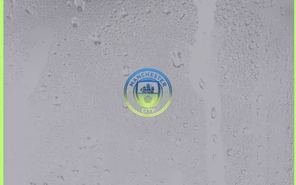 Manchester City F.C. logo centered on a grey, water-droplet textured background with a blue-green halo — 2K Quad HD PC desktop wallpaper and background.