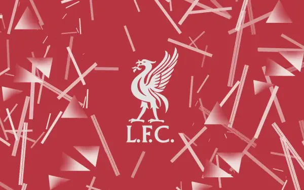 Liverpool F.C. white Liverbird emblem centered on red abstract geometric shards — 2K Quad HD PC desktop wallpaper and background.