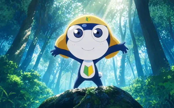 Tamama from Sgt. Frog, smiling with arms out on a mossy rock in a sunlit forest — cartoon 4K Ultra HD PC desktop wallpaper background.