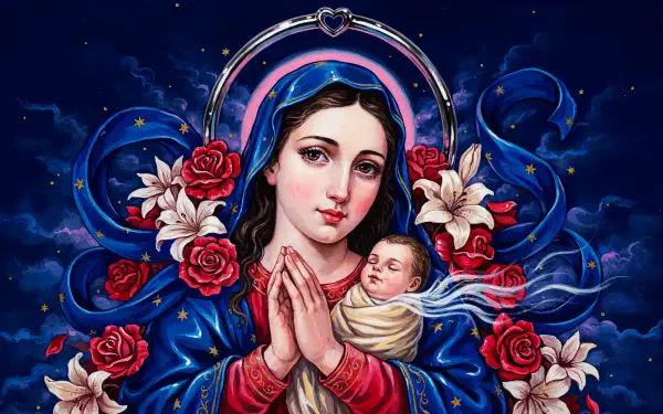 Vibrant religious art 4K desktop wallpaper of the Virgin Mary in a blue cloak praying, cradling baby Jesus amid red and white roses and a starry night background.