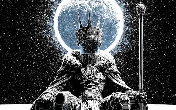 Sci‑fi king in crown and armor seated on a throne with scepter beneath a glowing planet; 2K Quad HD PC desktop wallpaper background.
