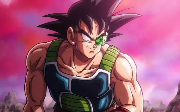 Dragon Ball Z anime HD PC desktop wallpaper: Bardock from Dragon Ball in Saiyan armor with scouter, muscular pose against a vivid pink sky.