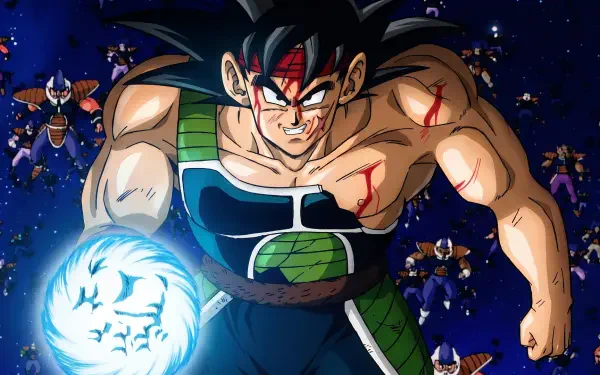 Bardock from Dragon Ball Z anime HD PC desktop wallpaper: scarred Saiyan in armor with red headband, charging a glowing energy ball against a starry space backdrop.