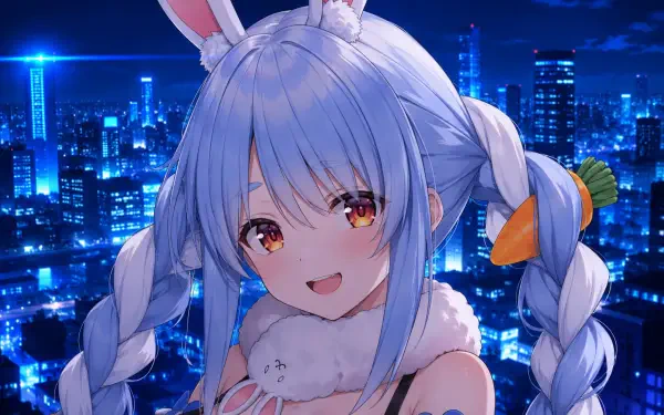 Usada Pekora anime: blue-haired, bunny-eared girl with twin braids smiling against a neon 4K Ultra HD city skyline, PC desktop wallpaper.