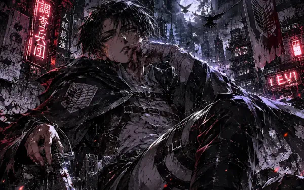 Levi Ackerman (anime) brooding in a rain-soaked, neon-lit dystopian alley, blades at hand — 4K Ultra HD PC Desktop Wallpaper and Background.