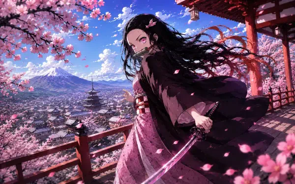 Nezuko Kamado anime scene: windswept kimono, blade in hand on a temple veranda amid falling cherry blossoms with Mount Fuji and a city below — 4K Ultra HD PC desktop wallpaper/background.