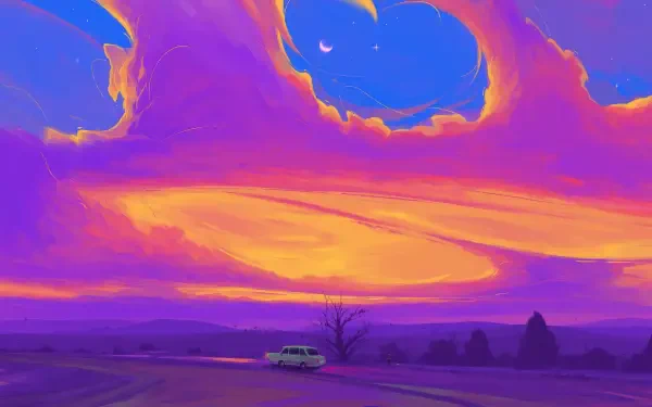 4K Ultra HD PC desktop wallpaper/background: lone tree beside a parked car on a quiet road beneath a vivid orange and purple sky.