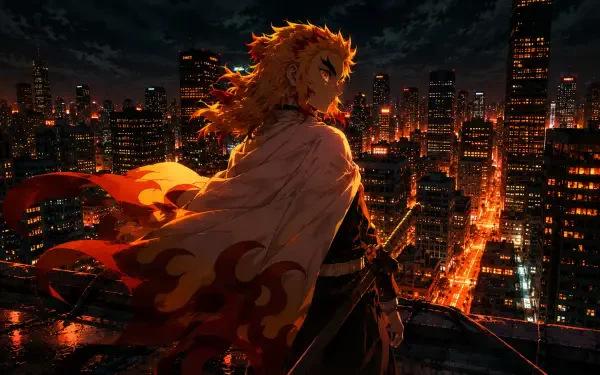 Kyojuro Rengoku (Demon Slayer) on a rooftop at night, flames on his haori against a glowing city skyline — 4K Ultra HD PC desktop wallpaper.