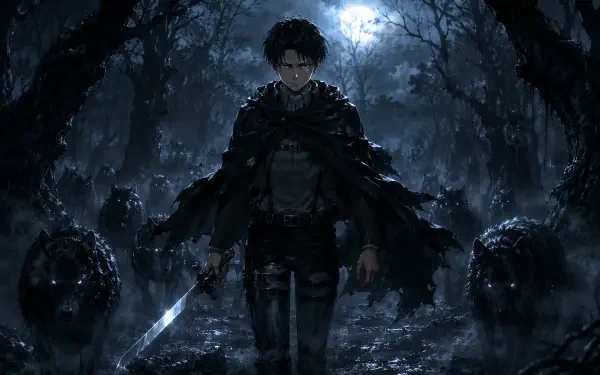 4K Ultra HD PC desktop wallpaper: anime Levi Ackerman stands in a moonlit, rain‑soaked forest, coat billowing and blade drawn, flanked by shadowy, wolflike figures.