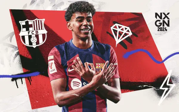 HD desktop wallpaper/background of a smiling FC Barcelona player in club kit making a celebratory hand gesture against a bold red graphic backdrop featuring the club crest.