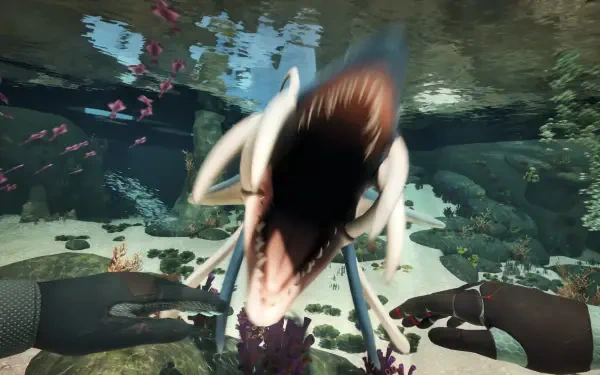 HD PC desktop wallpaper — Honeycomb: The World Beyond — first-person underwater view of gloved hands as a shark lunges toward the viewer amid coral and reef life.