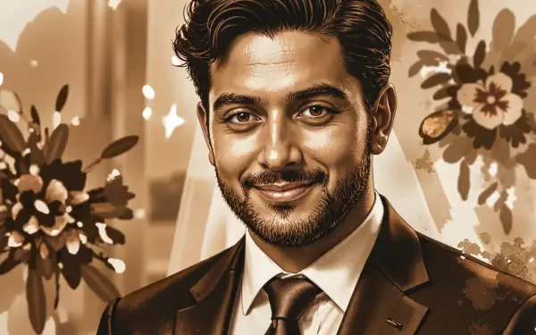 HD PC desktop wallpaper: portrait of a smiling groom in a tailored suit and tie, warm sepia tones with a soft floral background.