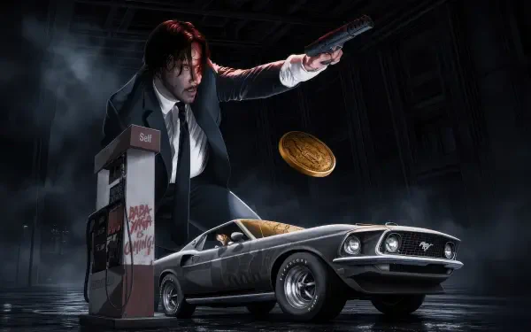 4K Ultra HD PC desktop wallpaper — John Wick figure in a suit aiming a pistol beside a classic Mustang at a rain-soaked gas pump, dramatic noir lighting and a floating gold coin.