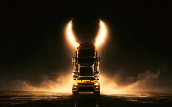 5K Ultra HD PC wallpaper: Optimus Prime's towering truck silhouette with Bumblebee in front, backlit by golden smoke and headlights forming a horned halo.