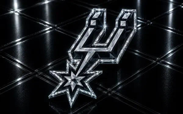 4K Ultra HD PC desktop wallpaper/background: reflective silver San Antonio Spurs NBA logo on a glossy black tiled surface with light highlights and mirrored reflections.