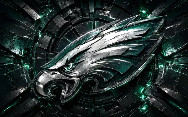 4K Ultra HD PC desktop wallpaper: metallic Philadelphia Eagles NFL eagle head logo with emerald highlights on a shattered dark green and black textured background.