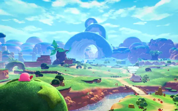 4K Ultra HD PC desktop wallpaper/background: Kirby and the World Beyond — Kirby perched on a lush meadow, overlooking rolling hills, a winding stream, and arching rock formations beneath a bright blue sky.