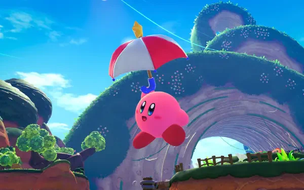 Kirby from Kirby and the World Beyond floats with a red-and-white umbrella over a bright, grassy arch in a colorful scene — 4K Ultra HD PC desktop wallpaper and background.