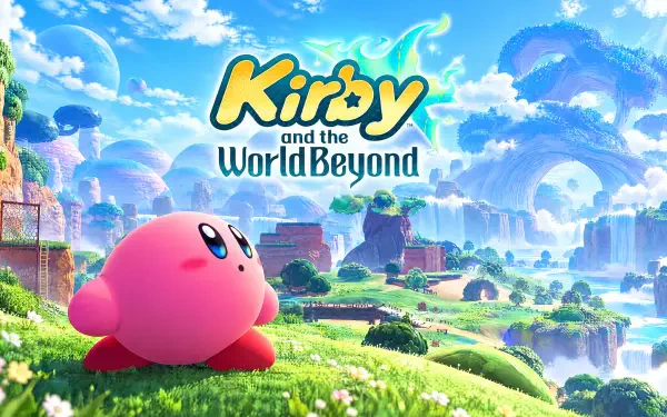 4K Ultra HD PC desktop wallpaper: Kirby from Kirby and the World Beyond stands on a grassy hill, gazing across vibrant floating islands and rolling hills in a colorful video game world.