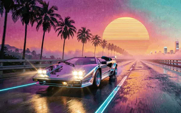 Retro minimalist 4K Ultra HD PC desktop wallpaper and background: chrome Ferrari on a neon rain-slick road, palm trees and a glowing striped sun on the horizon.