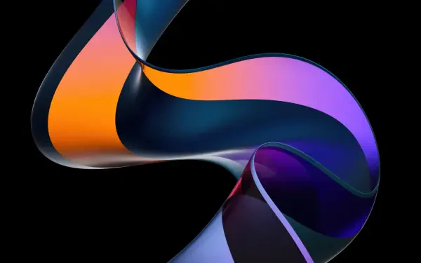 Abstract digital art 4K Ultra HD PC desktop wallpaper: smooth, twisting ribbons of orange, violet and indigo flowing against a deep black background.