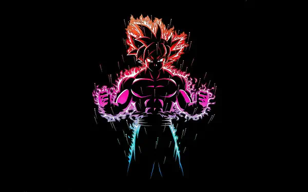 Vibrant neon silhouette of Goku from Dragon Ball Z powering up, high-contrast anime 4K Ultra HD PC desktop wallpaper and background.