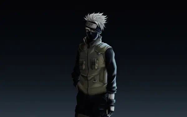 Kakashi Hatake from Naruto in a shadowed pose with mask and forehead protector against a dark gradient — 5K Ultra HD PC desktop wallpaper.