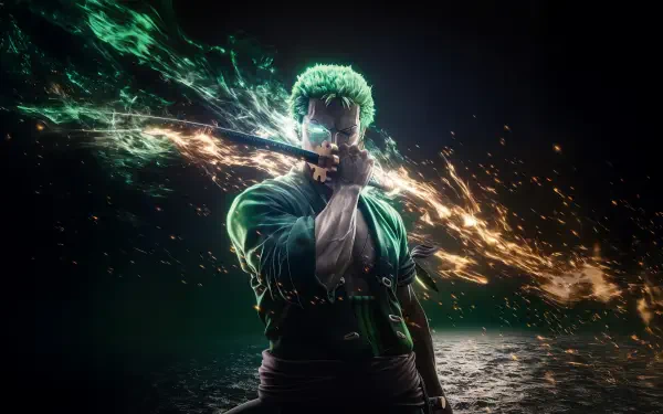 Roronoa Zoro (One Piece) — 5K Ultra HD PC desktop wallpaper/background: green-haired swordsman crossing blades and unleashing blazing green energy slashes against a dark, stormy backdrop.