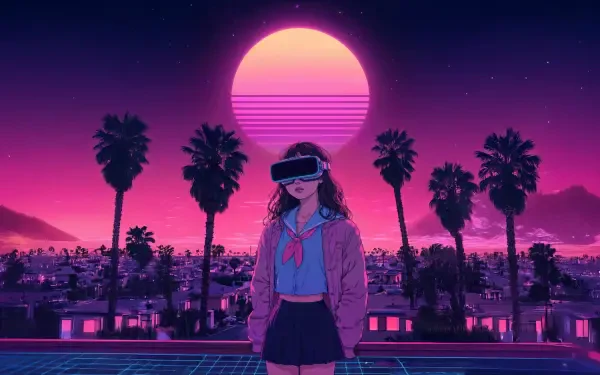 Neon digital art 5K Ultra HD PC desktop wallpaper: an anime girl in a VR visor stands by a rooftop pool at sunset, palm trees and a retro-futuristic city beneath a glowing pink sun.