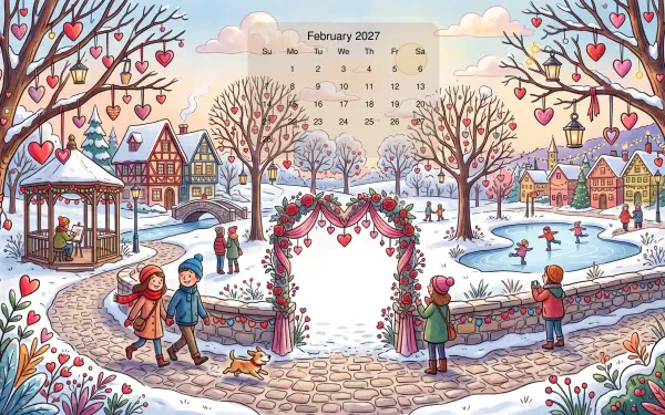 February 2027 calendar 5K Ultra HD PC desktop wallpaper: snowy village square with heart-shaped arch, valentine decorations, skating pond and cozy houses.