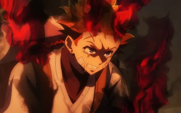 HD PC wallpaper: The Vermilion Mask — anime scene of a fierce young man in a vermilion mask, wreathed in roaring red flames.