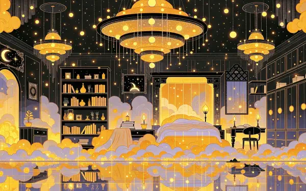 2K Quad HD PC desktop wallpaper and background: chandelier- and lamp-lit room with floating golden clouds, bookshelves, a cozy bed and mirrored floor reflecting twinkling lights.