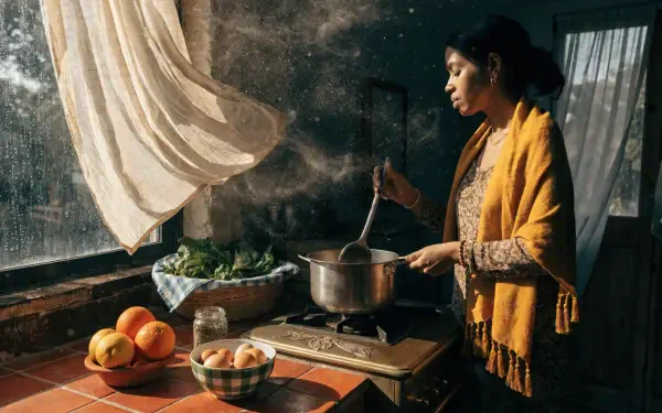 2K Quad HD PC desktop wallpaper: woman cooking in a sunlit rustic kitchen, stirring a pot by a window with bowls of fruit and vegetables on the counter.