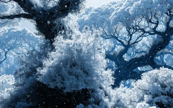 2K Quad HD PC desktop wallpaper: frosted winter canopy of snow-laden trees with twisting branches and drifting flakes, cool blue tones.