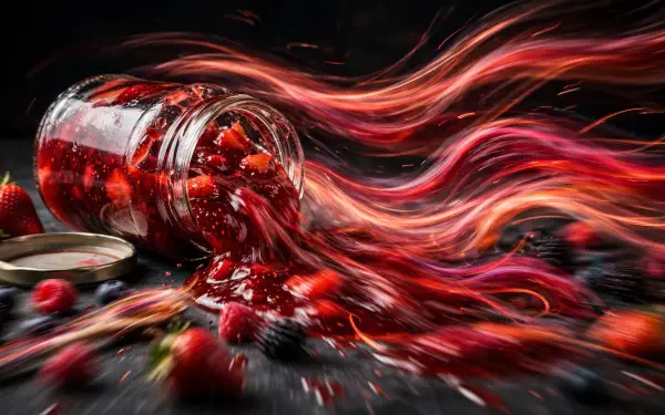 HD PC desktop wallpaper: spilled jar of strawberry jam with flowing red swirls and scattered fresh strawberries on a dark background.
