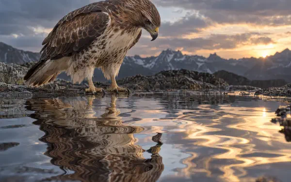 Majestic hawk/eagle bird of prey perched on rocky shore, gazing at its rippled reflection as the sun sets — 4K Ultra HD PC desktop wallpaper and background.