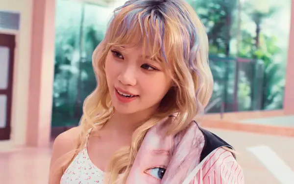 Smiling blonde woman in pastel K-pop–inspired outfit with striped jacket, sunlit tropical indoor background — 5K Ultra HD PC desktop wallpaper.