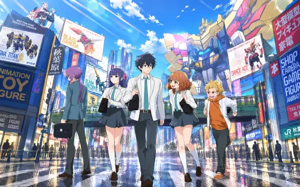 4K Ultra HD PC desktop wallpaper — Dandivine anime group: five students in school uniforms walking through a neon-lit cityscape with colorful billboards and wet reflective streets.