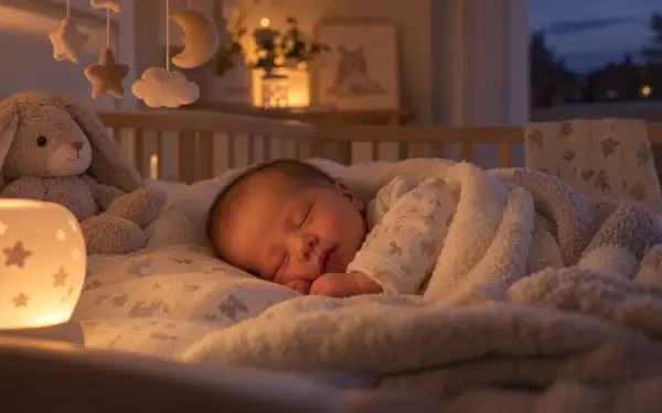 4K Ultra HD PC desktop wallpaper/background: sleeping newborn baby in a cozy crib, wrapped in a soft blanket beside a warm nightlight.