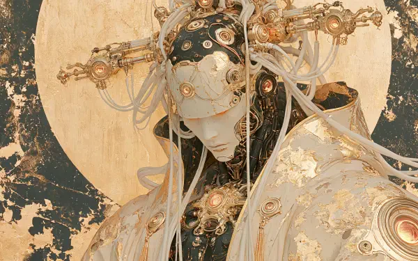 Ornate cyborg portrait of a masked, statue-like figure in gilded armor with flowing cables and a textured golden halo — 2K Quad HD PC desktop wallpaper.