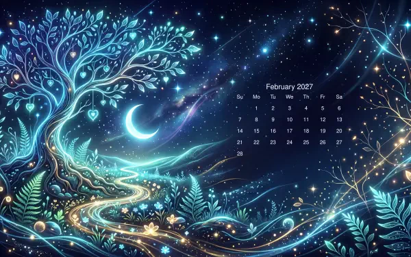 February 2027 calendar over a 5K Ultra HD PC desktop wallpaper: a glowing crescent moon, a luminous tree and enchanted forest at night with swirling stars and glowing foliage.